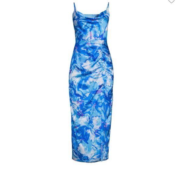 Milly Dresses & Skirts - EUC Blue *Milly* Liliana Brushstroke Floral Midi Dress | Cowl Neckline | Size 0